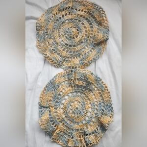 Vtg Handmade Slate Blue, White & Gold Pair of Round Crochet doilies